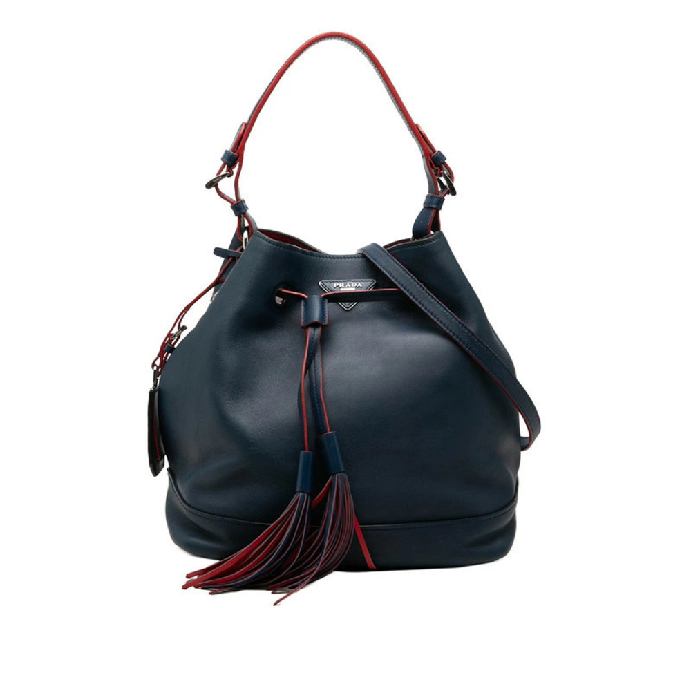 Prada Triangle Plate 2way Shoulder Bag Navy Blue Red Leather